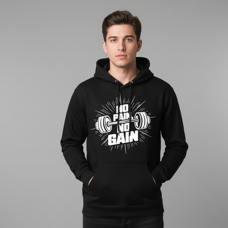 Person wearing a black hoodie with 'No Pain No Gain' graphic on a gray background